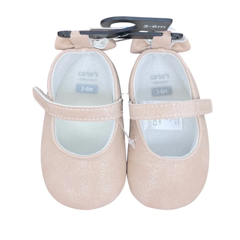 Carter's‎ Mary Jane Flats Girls 3-6M Champagne Shimmer Bow Heel Soft Sole Shoes